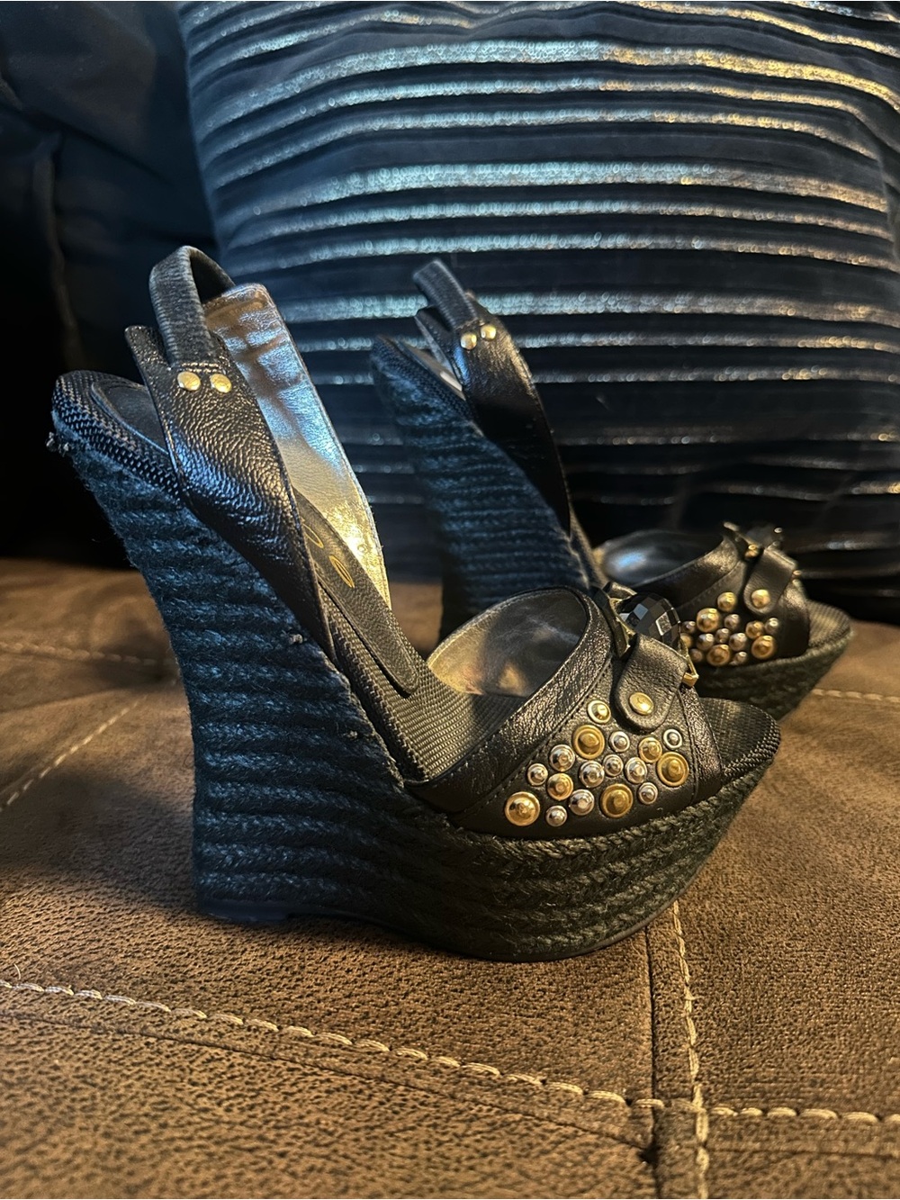 bebe Black Studded Espadrille Wedge Sandals